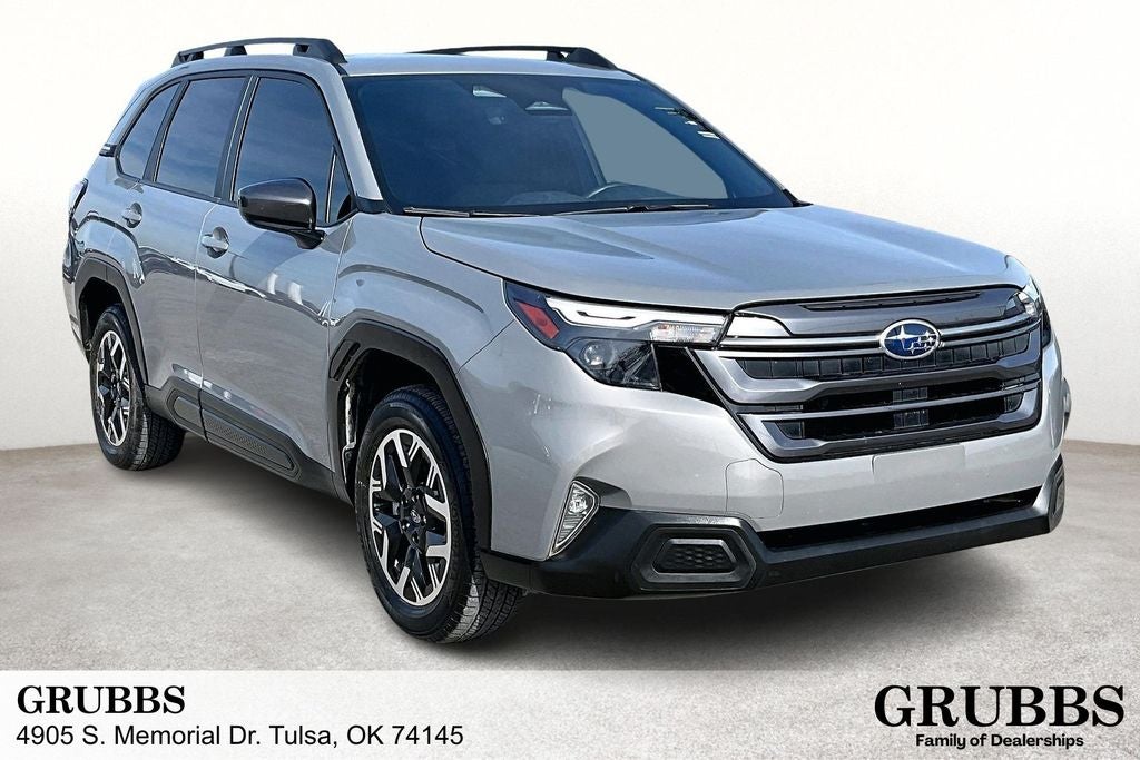 2025 Subaru Forester Premium in River Rock Pearl — front three-quarter view